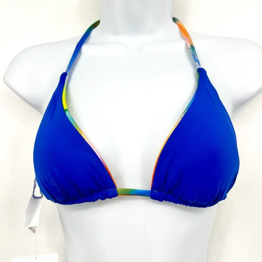 BECCA Paper Mache Cheryl Reversible Triangle Bikini Top Small Rainbow Blue NWT